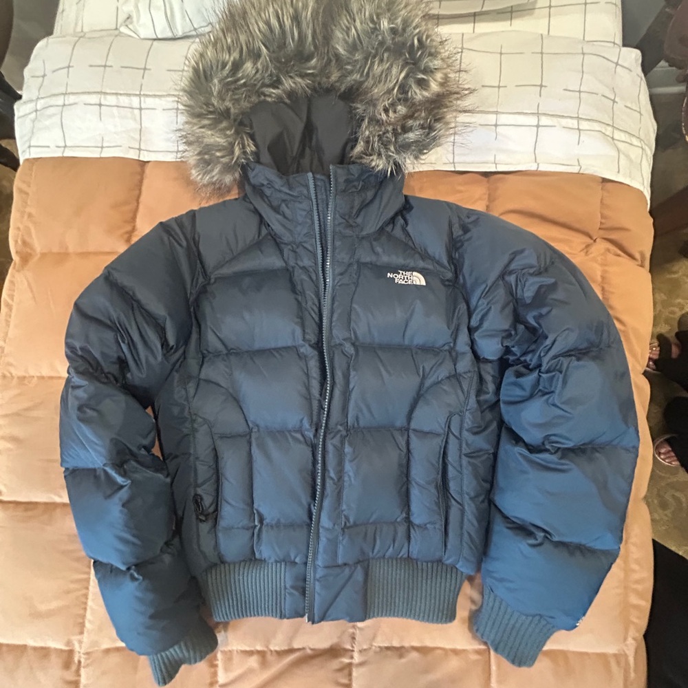 The North Face Gotham Navy Goose Down Jacket with Faux Fur Hood